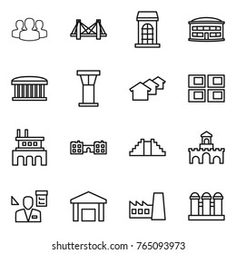 Thin line icon set : group, bridge, building, airport, tower, houses, panel house, factory, school, pyramid, fort, architector, warehouse, grain elevator