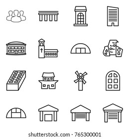 Thin line icon set : group, bridge, building, skyscraper, airport, church, hangare, modern architecture, brick, japanese house, windmill, arch window, greenhouse, warehouse, garage