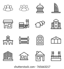 Thin line icon set : group, goverment house, skyscraper, shop, mall, houses, building, fort, gothic architecture, arch window, greenhouse, office, home, skysrcapers cleaning