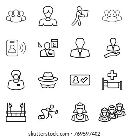 Thin Line Icon Set : Group, Woman, Courier, Pass Card, Architector, Client, Support Manager, Confidential, Check In, Hospital, Skysrcapers Cleaning, Vacuum Cleaner, Outsource