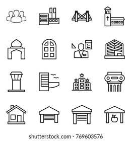 Thin line icon set : group, store, bridge, church, minaret, arch window, architector, office, airport tower, hotel, antique column, home, garage, warehouse