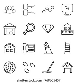 Thin line icon set : group, diagram, graph, monitor arrow, warehouse, magnifier, diamond, cottage, house, intercome, stands for knives, stairs, cookies, seeds, rake, barn