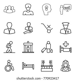 Thin line icon set : group, woman, bulb head, presentation, client, do not trolley sign, security man, tourist, detector, passenger, hospital, invalid, bed, skysrcapers cleaning, cleaner