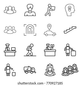 Thin line icon set : group, woman, courier, bulb head, fingerprint, car pointer, stairs, customs control, tourist, inspector, garbage bin, home call cleaning, cleaner, outsource