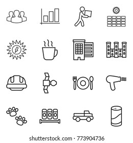 Thin line icon set : group, graph, courier, sun power, hot drink, houses, palace, building helmet, satellite, cafe, hair dryer, pets, spices, pickup, cleanser powder