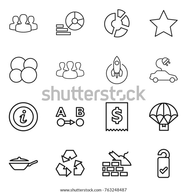 Thin line icon\
set : group, diagram, circle, star, atom core, rocket, electric\
car, info, route a to b, tax, parachute delivery, pan, recycling,\
construct garbage, please\
clean