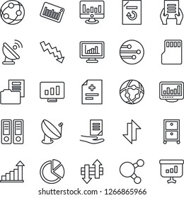 Thin Line Icon Set - growth statistic vector, office binder, crisis graph, document, monitor, reload, diagnosis, barcode, satellite antenna, network, share, sd, data exchange, statistics, pie