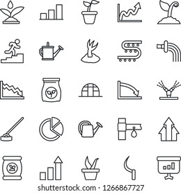 Thin Line Icon Set - growth statistic vector, seedling, watering can, sproute, hoe, sickle, greenhouse, fertilizer, drip irrigation, bar graph, pie, career ladder, arrow up, crisis, presentation