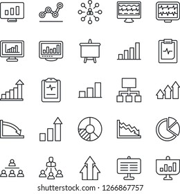 Thin Line Icon Set - growth statistic vector, hierarchy, presentation board, monitor, circle chart, pulse, clipboard, statistics, bar graph, pie, point, arrow up, crisis