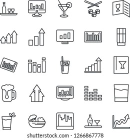 Thin Line Icon Set - growth statistic vector, monitor, barcode, equalizer, scanner, statistics, alcohol, wine card, drink, cocktail, phyto bar, beer, salad, sushi, arrow up graph