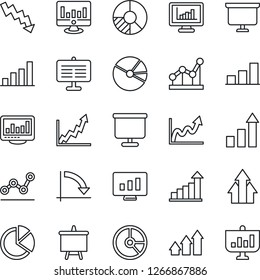 Thin Line Icon Set - growth statistic vector, presentation board, crisis graph, monitor, circle chart, statistics, bar, pie, point, arrow up