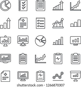 Thin Line Icon Set - growth statistic vector, monitor, diagnosis, pulse clipboard, statistics, bar graph, pie, checklist, point, presentation