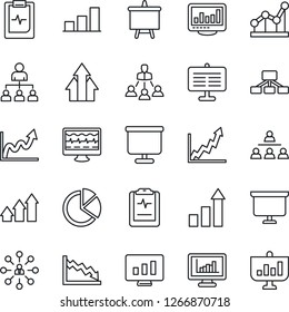 Thin Line Icon Set - growth statistic vector, hierarchy, presentation board, monitor, pulse, clipboard, statistics, bar graph, pie, point, arrow up, crisis