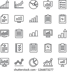 Thin Line Icon Set - growth statistic vector, monitor, diagnosis, pulse clipboard, statistics, bar graph, pie, checklist, point, presentation