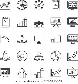 Thin Line Icon Set - growth statistic vector, hierarchy, presentation board, monitor, circle chart, pulse, clipboard, statistics, bar graph, pie, point, arrow up, crisis