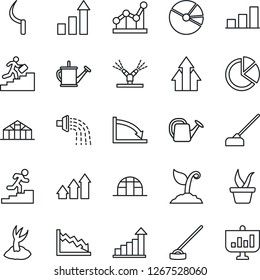 Thin Line Icon Set - growth statistic vector, seedling, watering can, sproute, hoe, sickle, greenhouse, bar graph, pie, point, career ladder, irrigation, arrow up, crisis, presentation