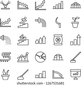Thin Line Icon Set - growth statistic vector, seedling, watering, hoe, sickle, greenhouse, fertilizer, drip irrigation, bar graph, pie, point, career ladder, arrow up, crisis, presentation