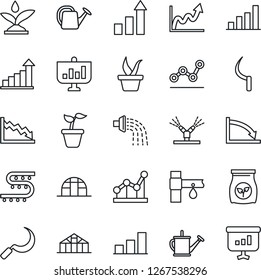 Thin Line Icon Set - growth statistic vector, seedling, watering can, sickle, greenhouse, fertilizer, drip irrigation, bar graph, point, crisis, presentation