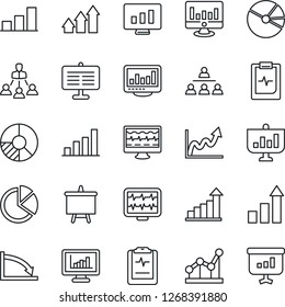 Thin Line Icon Set - growth statistic vector, presentation board, monitor, circle chart, pulse, clipboard, statistics, bar graph, pie, point, hierarchy, arrow up, crisis