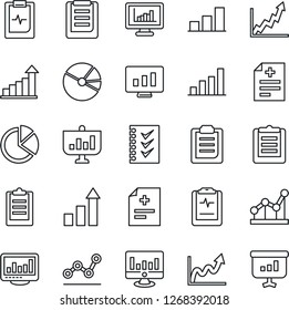 Thin Line Icon Set - growth statistic vector, monitor, diagnosis, pulse clipboard, statistics, bar graph, pie, checklist, point, presentation