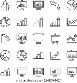 Thin Line Icon Set - growth statistic vector, presentation board, crisis graph, monitor, circle chart, statistics, bar, pie, point, arrow up
