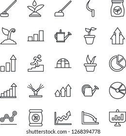 Thin Line Icon Set - growth statistic vector, seedling, watering can, sproute, hoe, sickle, greenhouse, fertilizer, bar graph, pie, point, career ladder, irrigation, arrow up, crisis, presentation