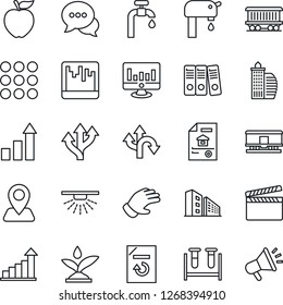 Thin Line Icon Set - growth statistic vector, monitor, document reload, glove, blood test vial, route, navigation, railroad, clapboard, dialog, menu, scanner, paper binder, water supply, estate