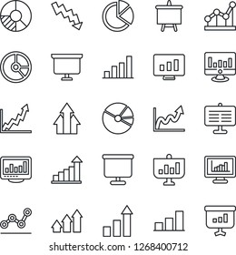 Thin Line Icon Set - growth statistic vector, presentation board, crisis graph, monitor, circle chart, statistics, bar, pie, point, arrow up