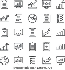 Thin Line Icon Set - growth statistic vector, monitor, diagnosis, pulse clipboard, statistics, bar graph, pie, checklist, point, presentation