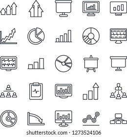 Thin Line Icon Set - growth statistic vector, presentation board, monitor, circle chart, pulse, clipboard, statistics, bar graph, pie, point, hierarchy, arrow up, crisis