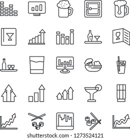 Thin Line Icon Set - growth statistic vector, monitor, equalizer, scanner, alcohol, wine card, drink, cocktail, phyto bar, beer, salad, sushi, arrow up graph