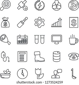 Thin Line Icon Set - growth statistic vector, document, money bag, calendar, boot, blood test vial, dropper, satellite, client, receipt, tulip, oil barrel, search cargo, vinyl, speaker, monitor, ham