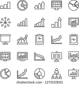 Thin Line Icon Set - growth statistic vector, hierarchy, monitor, circle chart, pulse, clipboard, statistics, presentation board, bar graph, pie, point, arrow up, crisis