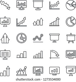Thin Line Icon Set - growth statistic vector, presentation board, crisis graph, monitor, circle chart, statistics, bar, pie, point, arrow up