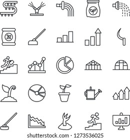 Thin Line Icon Set - growth statistic vector, seedling, watering can, sproute, hoe, sickle, greenhouse, fertilizer, drip irrigation, bar graph, pie, point, career ladder, arrow up, crisis