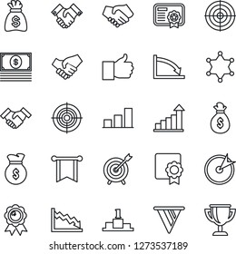 Thin Line Icon Set - growth statistic vector, medal, money bag, finger up, sertificate, bar graph, target, handshake, police, pennon, crisis, cash, certificate, pedestal, award cup
