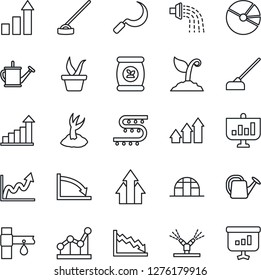 Thin Line Icon Set - growth statistic vector, seedling, watering can, sproute, hoe, sickle, greenhouse, fertilizer, drip irrigation, pie graph, point, arrow up, crisis, presentation