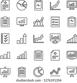 Thin Line Icon Set - growth statistic vector, monitor, diagnosis, pulse clipboard, statistics, bar graph, pie, checklist, point, presentation