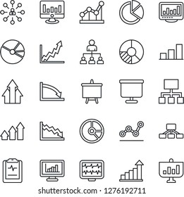Thin Line Icon Set - growth statistic vector, hierarchy, presentation board, monitor, circle chart, pulse, clipboard, statistics, bar graph, pie, point, arrow up, crisis