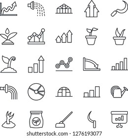 Thin Line Icon Set - growth statistic vector, seedling, watering can, sproute, hoe, sickle, greenhouse, fertilizer, bar graph, pie, point, irrigation, arrow up, crisis, presentation