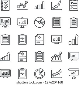 Thin Line Icon Set - growth statistic vector, monitor, diagnosis, pulse clipboard, statistics, bar graph, pie, checklist, point, presentation