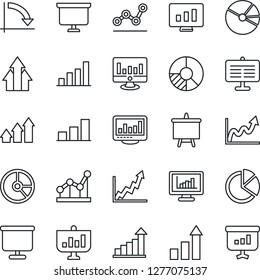Thin Line Icon Set - growth statistic vector, presentation board, crisis graph, monitor, circle chart, statistics, bar, pie, point, arrow up