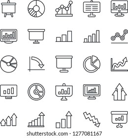 Thin Line Icon Set - growth statistic vector, presentation board, crisis graph, monitor, circle chart, statistics, bar, pie, point, arrow up