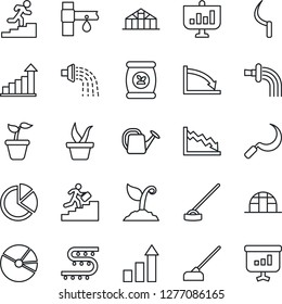 Thin Line Icon Set - growth statistic vector, seedling, watering can, sproute, hoe, sickle, greenhouse, fertilizer, drip irrigation, pie graph, career ladder, crisis, presentation