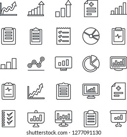 Thin Line Icon Set - growth statistic vector, monitor, diagnosis, pulse clipboard, statistics, bar graph, pie, checklist, point, presentation