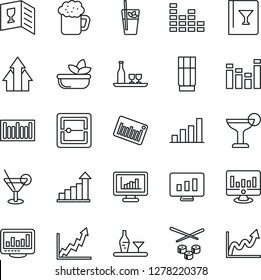 Thin Line Icon Set - growth statistic vector, monitor, barcode, equalizer, scanner, statistics, bar graph, alcohol, wine card, drink, cocktail, phyto, beer, salad, sushi, arrow up