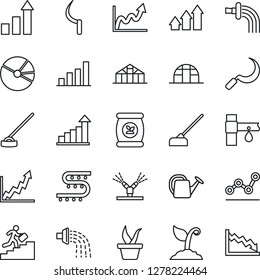 Thin Line Icon Set - growth statistic vector, seedling, watering can, sproute, hoe, sickle, greenhouse, fertilizer, drip irrigation, bar graph, pie, point, career ladder, arrow up, crisis