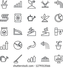 Thin Line Icon Set - growth statistic vector, seedling, watering can, sproute, hoe, sickle, greenhouse, fertilizer, drip irrigation, bar graph, pie, career ladder, arrow up, crisis, presentation