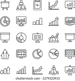 Thin Line Icon Set - growth statistic vector, hierarchy, presentation board, monitor, circle chart, pulse, clipboard, statistics, bar graph, pie, point, arrow up