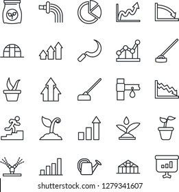Thin Line Icon Set - growth statistic vector, seedling, watering can, sproute, hoe, sickle, greenhouse, fertilizer, drip irrigation, bar graph, pie, point, career ladder, arrow up, crisis